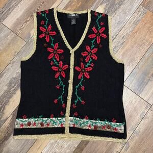 90s Embroidered floral poinsettia Christmas holiday vest Y2K